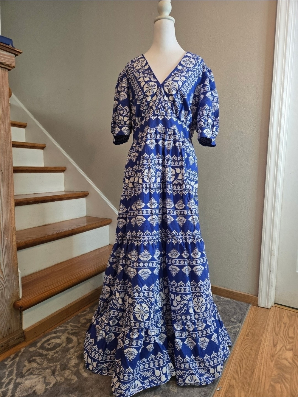 Boden Bella Puff Sleeve Maxi Bright Blue Ornate Dress Womens Size 14R